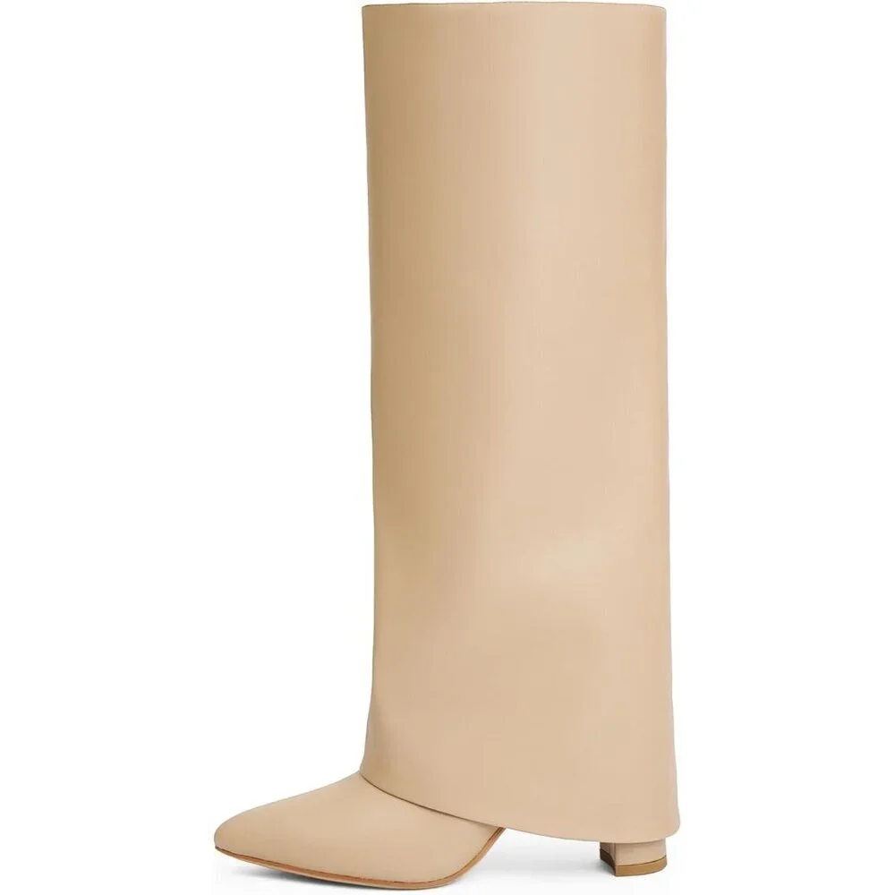 Women Nude Pu Leather Fold Over Knee High Dress Tall Chunky High Heels Long Boot